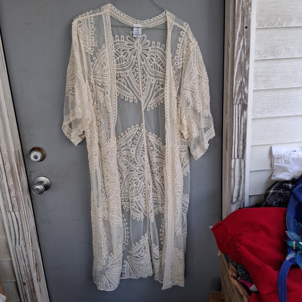 Cream Lace Mesh Kimono Duster Open Front Boho Cardigan L-XL Fairy Ren Faire